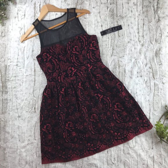[Trixxi] Velvet Lace Print Mesh Flocked Skater Dress Size M Medium - Picture 9 of 10